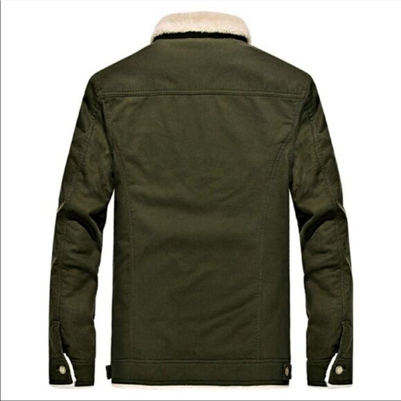 Men’s Vintage Army Green Sherpa Fleece Lined Denim Jacket - Picture 2 of 9